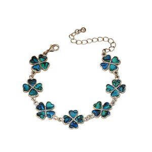 Clover Shamrock Silver Tone Bracelet With Blue-Green Inlays